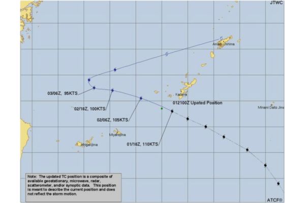 2023年8月2日午前6時時点の台風6号の予想進路図（JTWCより引用）
